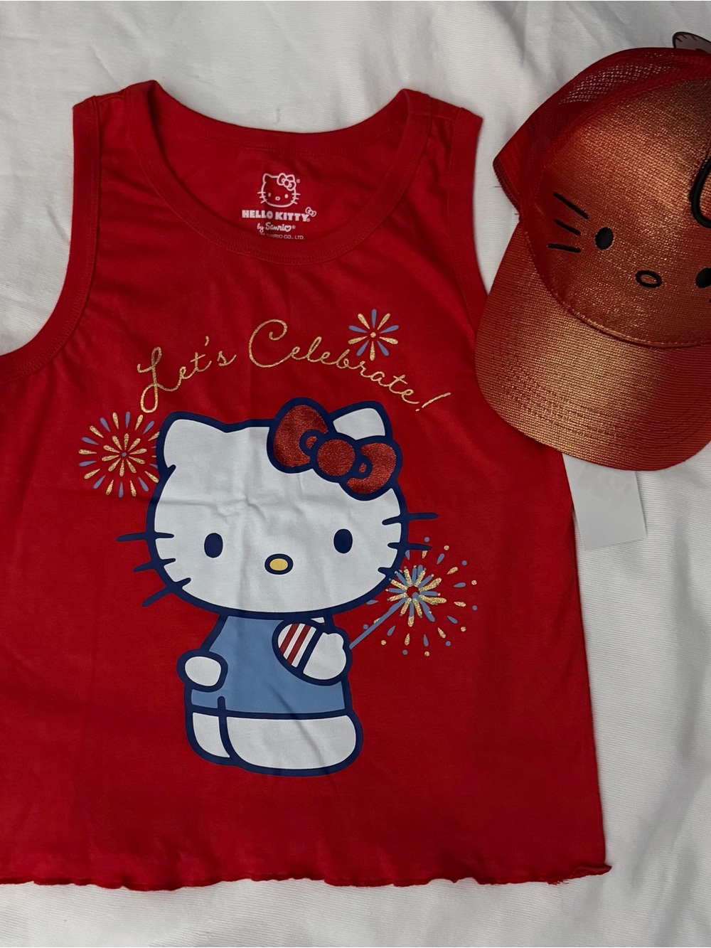 Hello Kitty Girls' Red Sleeveless Top - 'Let's Celebrate' and Hat